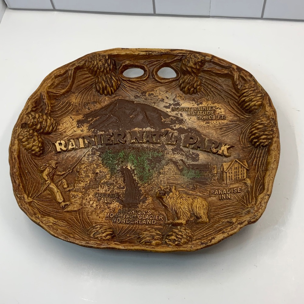 Vintage Rainier National Park Souvenir Tray Wall Hanging Paradise Inn TACO Brown